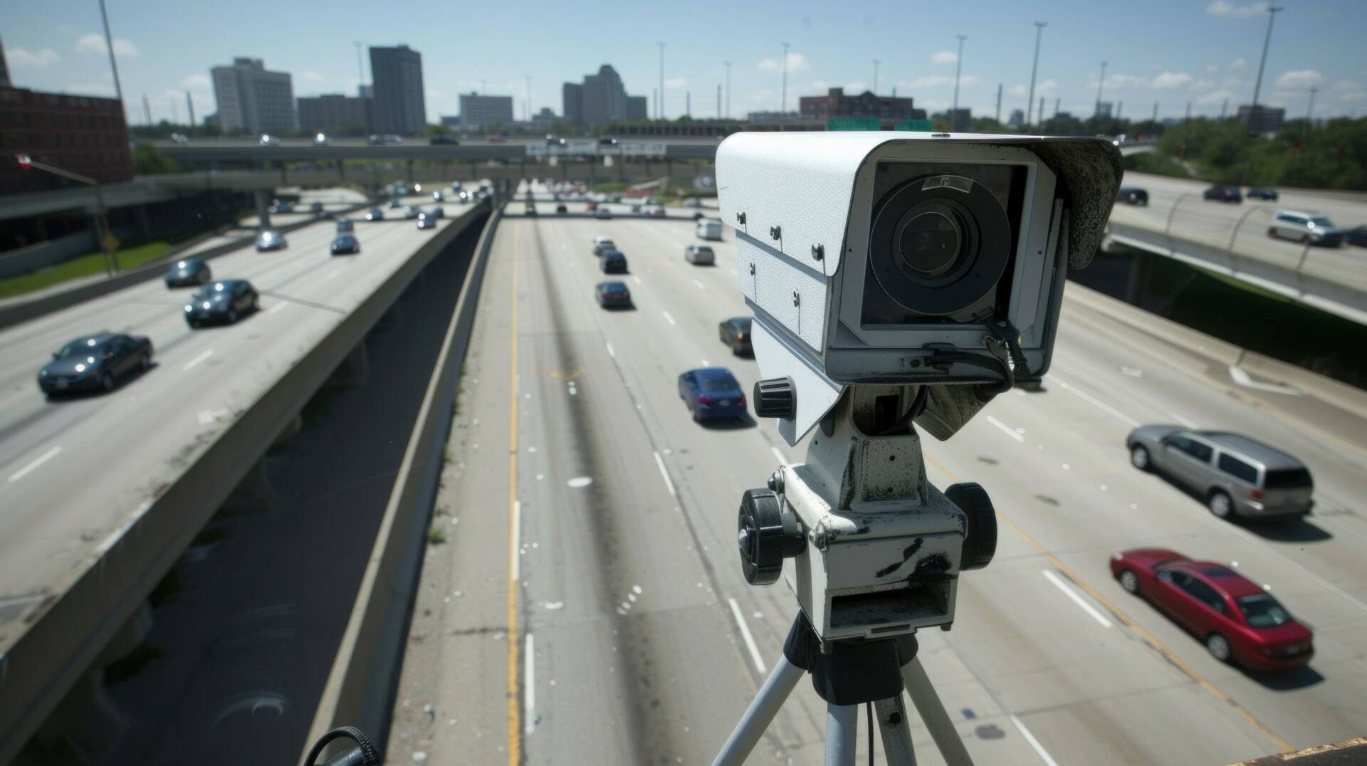 A traffic enforcement camera is focusing on a rainy street with cars brake lights glowing red amidst the evening rush hour in a cityscape setting.