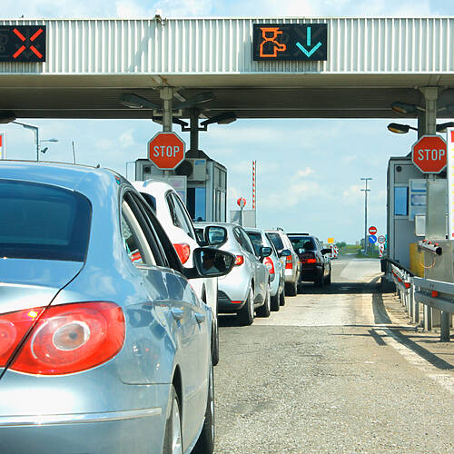 highway traffic jam on pay toll station