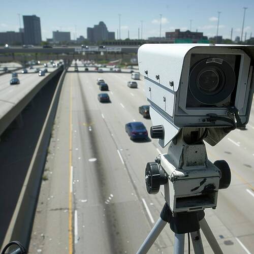 A traffic enforcement camera is focusing on a rainy street with cars brake lights glowing red amidst the evening rush hour in a cityscape setting.