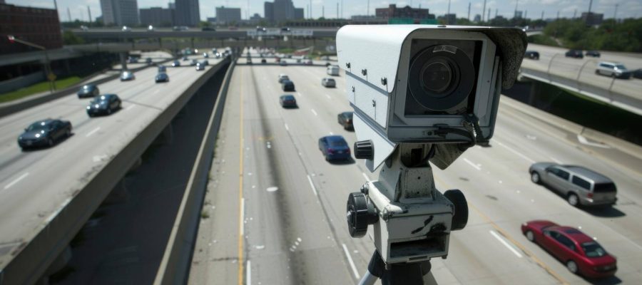 A traffic enforcement camera is focusing on a rainy street with cars brake lights glowing red amidst the evening rush hour in a cityscape setting.